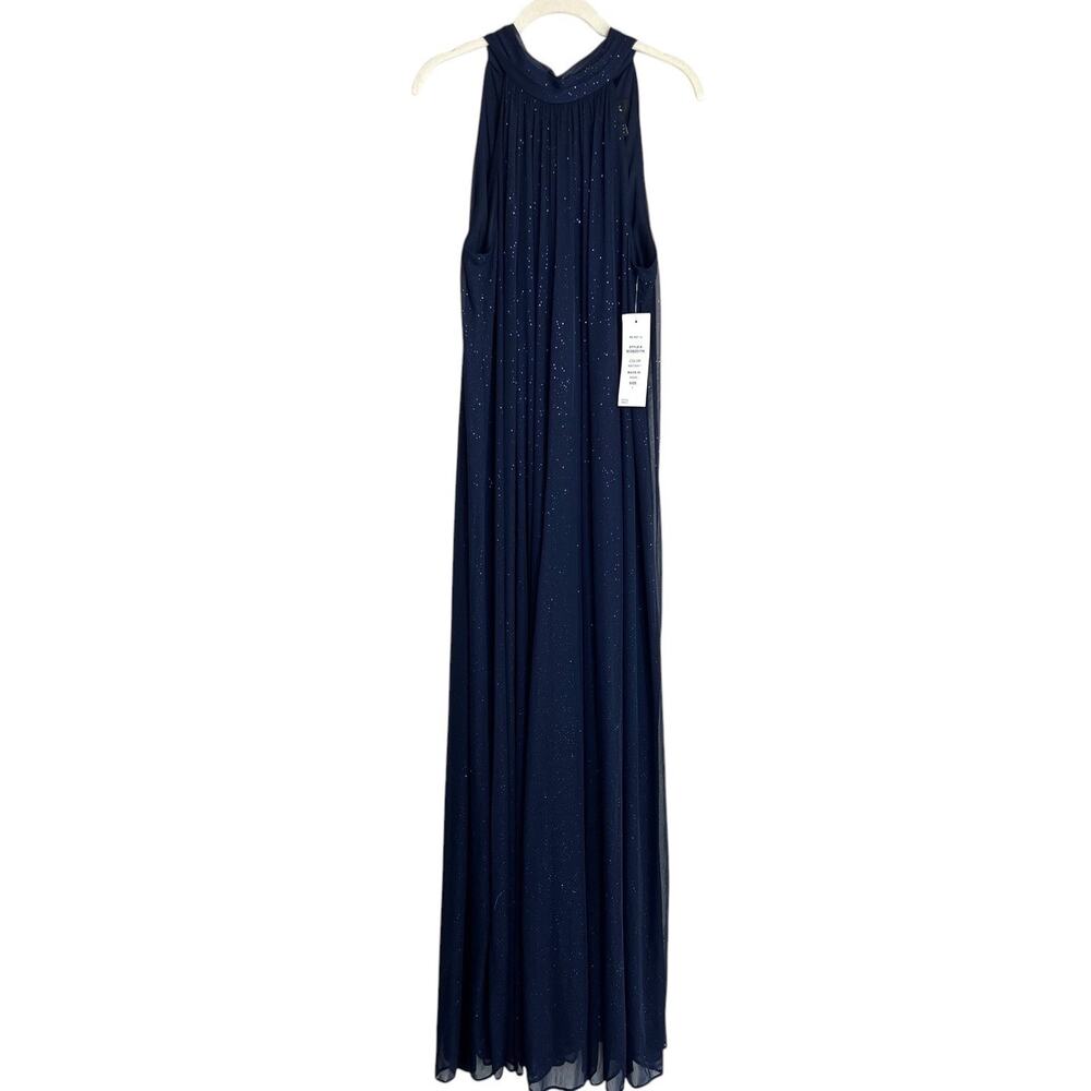 MSK Special Occasion Wide Leg Jumpsuit Halter Neck Tie Large Navy Blue Sparkly